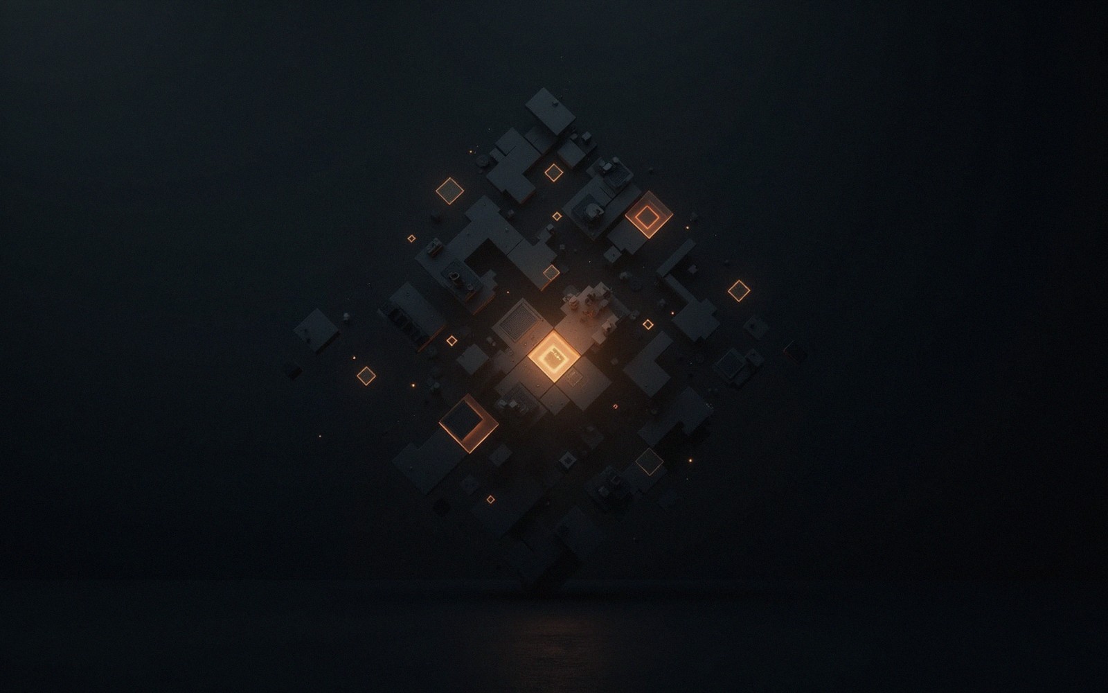 Cluster of glowing cubes floating in darkness, forming a diamond-shaped structure