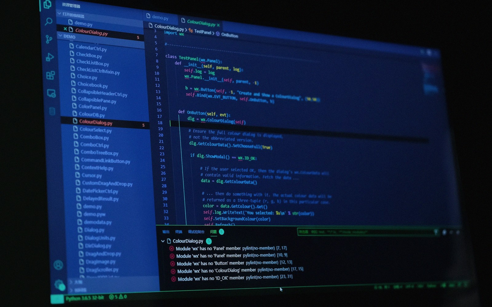 Computer screen displaying Python code in an editor with linting error messages below